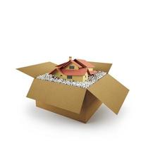 House in a cardboard box. Concept of buying a dwelling. 3D Rendering photo