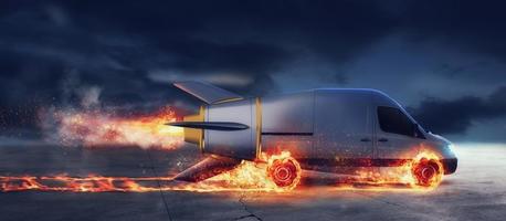 Super fast delivery of package service with van like a rocket with wheels on fire photo