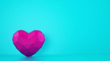 Magenta color faceted heart on cyan background. Medical and love concept. 3D Rendering photo