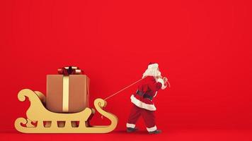 Santa Claus drags a big gift with a golden sleigh on a red background photo