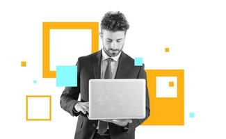 Businessman works with his laptop and shared data via internet. Isolated on white background photo