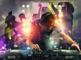 DJ playing music at the discotheque. Double exposure photo