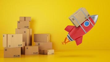 Rocket with attached package is ready to start. Concept of fast and priority delivery. Yellow background. 3D illustration photo