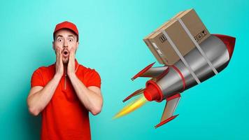 Courier has a wondered expression about a great promotion. Concept of fast delivery like a rocket. cyan background photo