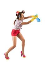 Funny housewife cleans and disinfects to keep germs, viruses and bacteria away. photo