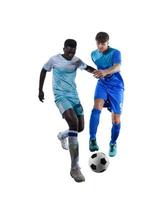 Close-up of football action scene with competing soccer players photo