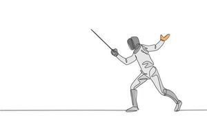 One continuous line drawing of young woman fencing athlete practice fighting on professional sport arena. Fencing costume and holding sword concept. Dynamic single line draw design vector illustration