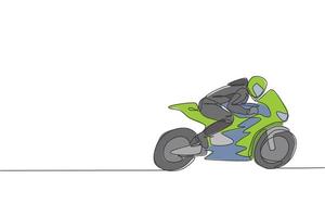 un dibujo de una sola línea de la práctica de un joven corredor de motos para mejorar la velocidad de la bicicleta en la ilustración del vector del circuito. concepto de carreras de superbikes. diseño de dibujo de línea continua moderno para banner de evento de corredor de motor