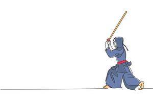 One single line drawing of young energetic man exercise kendo stance pose with wooden sword at gym center graphic vector illustration. Combative fight sport concept. Modern continuous line draw design