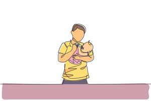 One single line drawing of young father carrying and feeding his baby with nutritious food at home graphic vector illustration. Happy parenting learning concept. Modern continuous line draw design