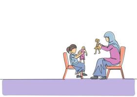 Single continuous line drawing of young Arabian mom and daughter playing princess doll together at home. Islamic muslim happy family motherhood concept. Trendy one line draw design vector illustration