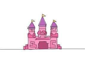 Single continuous line drawing a castle in an amusement park with three towers and a flag on each roof. Fort building that tells of life in a kingdom. One line draw graphic design vector illustration