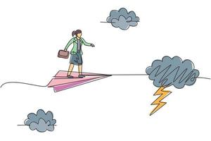 Single continuous line drawing young business woman fly with paper plane through thunderstorm. Professional entrepreneur. Minimalism metaphor concept. One line draw graphic design vector illustration