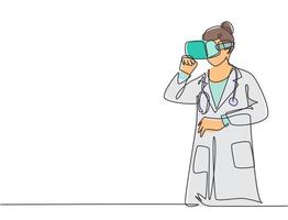 One single line drawing of young serious female doctor thinking pensively watching visual from virtual reality. Smart technology futuristic game concept continuous line draw design vector illustration