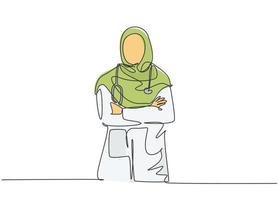 Un dibujo de una sola línea de la joven doctora árabe musulmana posa de pie y coloca la mano cruzada frente a su pecho. Concepto de servicio de atención médica médica ilustración de vector de diseño de dibujo de línea continua