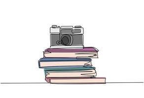 Single continuous line drawing of vintage classic analog pocket camera above stack of books on desk. Old retro photography equipment concept. One line draw design graphic vector illustration