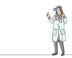 Single continuous line drawing of young female doctor giving thumb up gesture after successful finishing level at game. Virtual reality game player concept one line draw design vector illustration