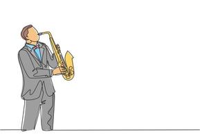 Single continuous line drawing of young happy male saxophonist with hat performing to play saxophone on music concert. Musician artist performance concept one line draw design vector illustration