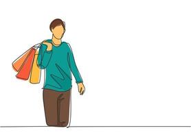 One single line drawing young happy attractive man holding paper bags after buying fashion and personal needs in mall. Commercial retail shopping concept. Continuous line draw design illustration vector