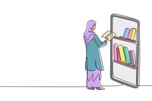 Paciente femenina hijab de dibujo continuo de una línea que sostiene un teléfono inteligente de pie frente a un teléfono inteligente gigante y consulta a una doctora. doctor en línea. Ilustración gráfica de vector de diseño de dibujo de una sola línea