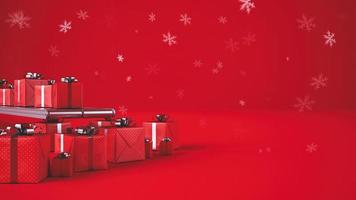 Christmas gift boxes, on conveyor rollers, ready to be shipped on red background with snow flakes photo