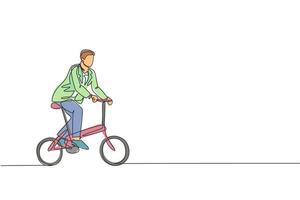 One continuous line drawing of young professional manager man cycling ride folded bicycle to his office. Healthy working urban lifestyle concept. Dynamic single line draw design vector illustration