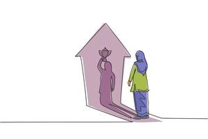 dibujo de una sola línea de joven mujer de negocios árabe inteligente frente a su sombra de trofeo de elevación en la pared. concepto mínimo de crecimiento empresarial. Ilustración de vector gráfico de diseño de dibujo de línea continua moderna