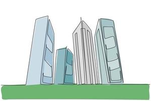 dibujo continuo de una línea de rascacielos altos en la gran ciudad. edificio de oficinas de negocios distrito concepto minimalista dibujado a mano. Ilustración gráfica de vector de diseño de dibujo de una sola línea moderna