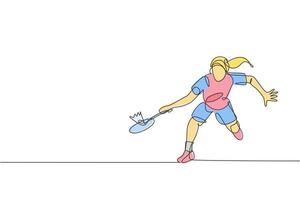 un dibujo de línea continua de la defensa del joven jugador de bádminton para mantener el golpe del oponente. concepto de deporte competitivo. ilustración de vector de diseño de dibujo de línea única dinámica para cartel de promoción de partido de torneo