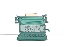 un dibujo de línea continua del frente de la máquina de escribir antigua retro desde la vista. Concepto de elemento de oficina clásico diseño de dibujo de una sola línea ilustración gráfica de vector