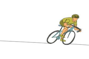 un dibujo de una sola línea joven enérgico corredor de bicicletas centrado en el entrenamiento de su ilustración gráfica vectorial de velocidad. concepto de ciclista de carreras. diseño moderno de dibujo de línea continua para banner de torneo de ciclismo vector