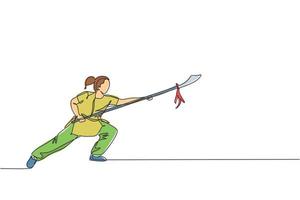 una línea continua dibujando a una joven maestra de wushu, guerrera de kung fu en kimono con lanza en entrenamiento. concepto de concurso deportivo de artes marciales. Ilustración de vector gráfico de diseño de dibujo de línea única dinámica