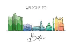 One single line drawing Boston city skyline, United States. Historical town landscape in world. Best holiday destination wall decor art. Editable trendy continuous line draw design vector illustration