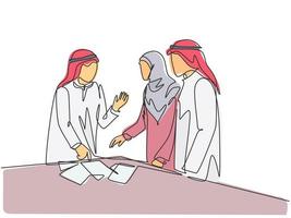 dibujo de una sola línea continua del joven fundador musulmán de una startup discutiendo la propuesta de negocio con un miembro del equipo. tela árabe de Oriente Medio kandura, thawb, bata, hijab. una ilustración de vector de diseño de sorteo