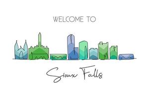 One continuous line drawing Sioux Falls city skyline, South Dakota. Beautiful landmark. World landscape tourism travel home wall decor poster print. Stylish single line draw design vector illustration