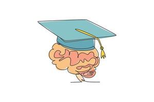 un dibujo de línea continua del sombrero de graduación sobre el icono del logotipo del cerebro humano. Oficina de psicología para ayudar al concepto de plantilla de símbolo de logotipo de estudiante. Ilustración de vector de diseño de dibujo de línea única de moda