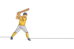 un dibujo de línea continua de la práctica de un joven jugador de béisbol deportivo para golpear la pelota en el campo. concepto de deporte competitivo. ilustración de vector de diseño de dibujo de línea única dinámica para cartel de promoción