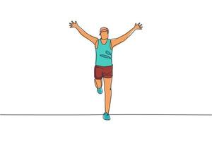 un dibujo de línea continua de un joven atleta corredor llega a la línea de meta. deporte individual, concepto competitivo. ilustración de vector de diseño de dibujo de línea única dinámica para correr cartel de competencia