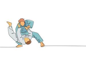 un dibujo de línea continua de dos jóvenes deportistas que se enfocan en el entrenamiento de la técnica de judo en el polideportivo. concepto de competencia deportiva de lucha de batalla de jiu jitsu. Ilustración de vector de diseño de dibujo de línea única dinámica