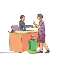 One line drawing of young male tourist handshaking hotel receptionist and ask to book a room while holding a luggage. Travelling concept. Modern continuous line drawing graphic vector illustration