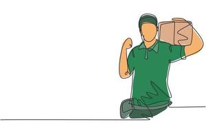 Single continuous line drawing deliveryman with celebrate gesture, carrying the package box to be delivered to customers with the best service. Dynamic one line draw graphic design vector illustration