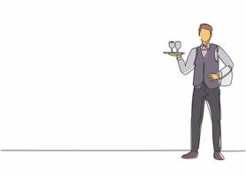 Single continuous line drawing of young male waiter pose standing while bringing tray with glass. Professional work job occupation. Minimalism concept one line draw graphic design vector illustration