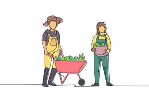 Single continuous line drawing happy couple farmer with wheelbarow trolley and basket full of fruits. A successful harvest activity minimalism concept. One line draw graphic design vector illustration