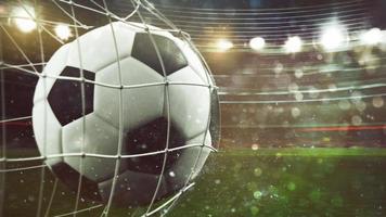 fútbol pelota puntuaciones un objetivo en el neto. 3d representación foto