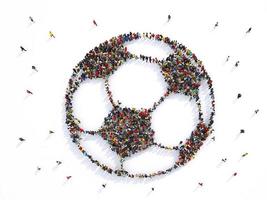 muchos personas juntos en un fútbol pelota forma. 3d representación foto