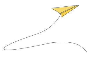 Single one line drawing of paper airplane flying high up to the sky on white background. Paper air craft origami kids game concept. Modern continuous line draw design graphic vector illustration