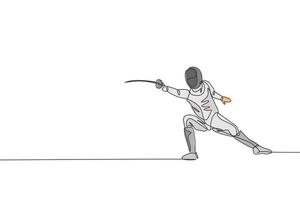 One continuous line drawing of young man fencing athlete practice fighting on professional sport arena. Fencing costume and holding sword concept. Dynamic single line draw design vector illustration