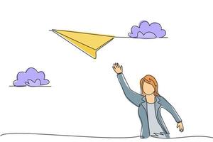 Single continuous line drawing young business woman flies a paper plane up to the sky. Professional entrepreneur. Minimalism metaphor concept. Dynamic one line draw graphic design vector illustration