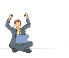 One single line drawing of young happy male manager sitting on floor and clenched fist raise in the air while on a laptop. Success business deal concept continuous line draw design vector illustration