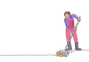 Single continuous line drawing young female farmer leveling the ground using a rake. Start a new planting season. Farming minimalism concept. Dynamic one line draw graphic design vector illustration.